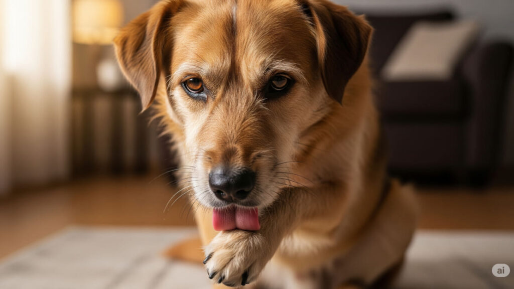 Cane che si lecca la zampa.