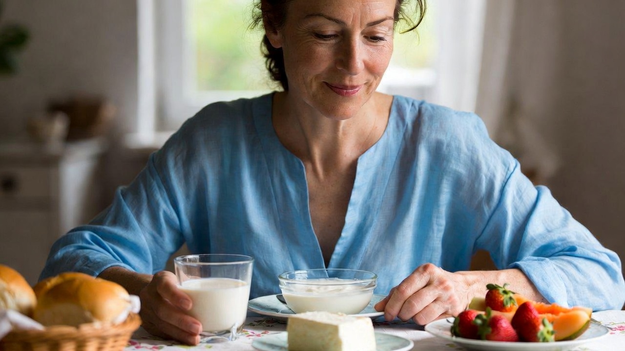 Donna di 50 anni che beve latte.